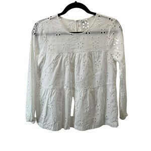 J. Crew Factory Womens Eyelet Tiered Long Sleeve Top Size XS White Keyhole
